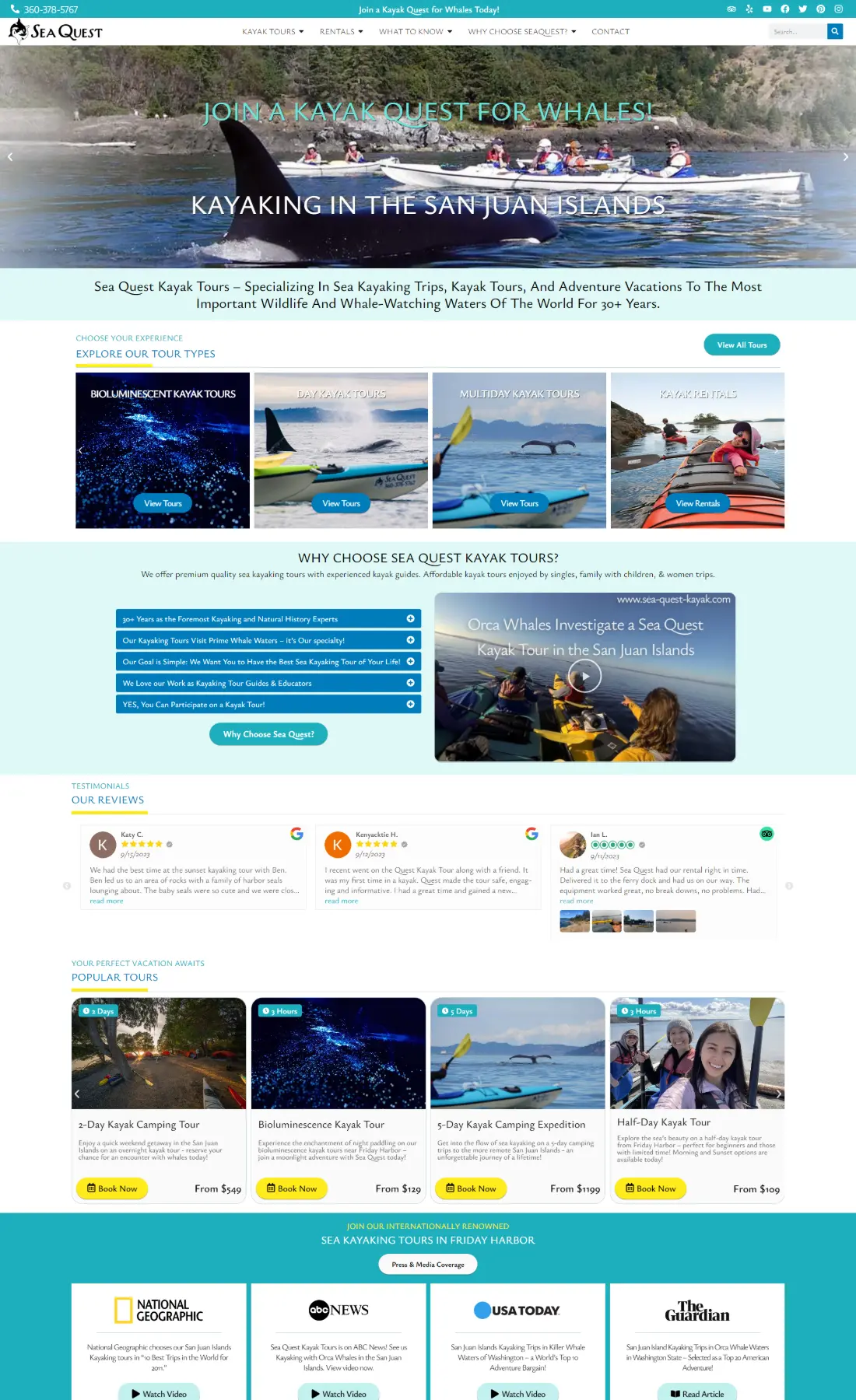 screenshot webpage for sea quest kayak website